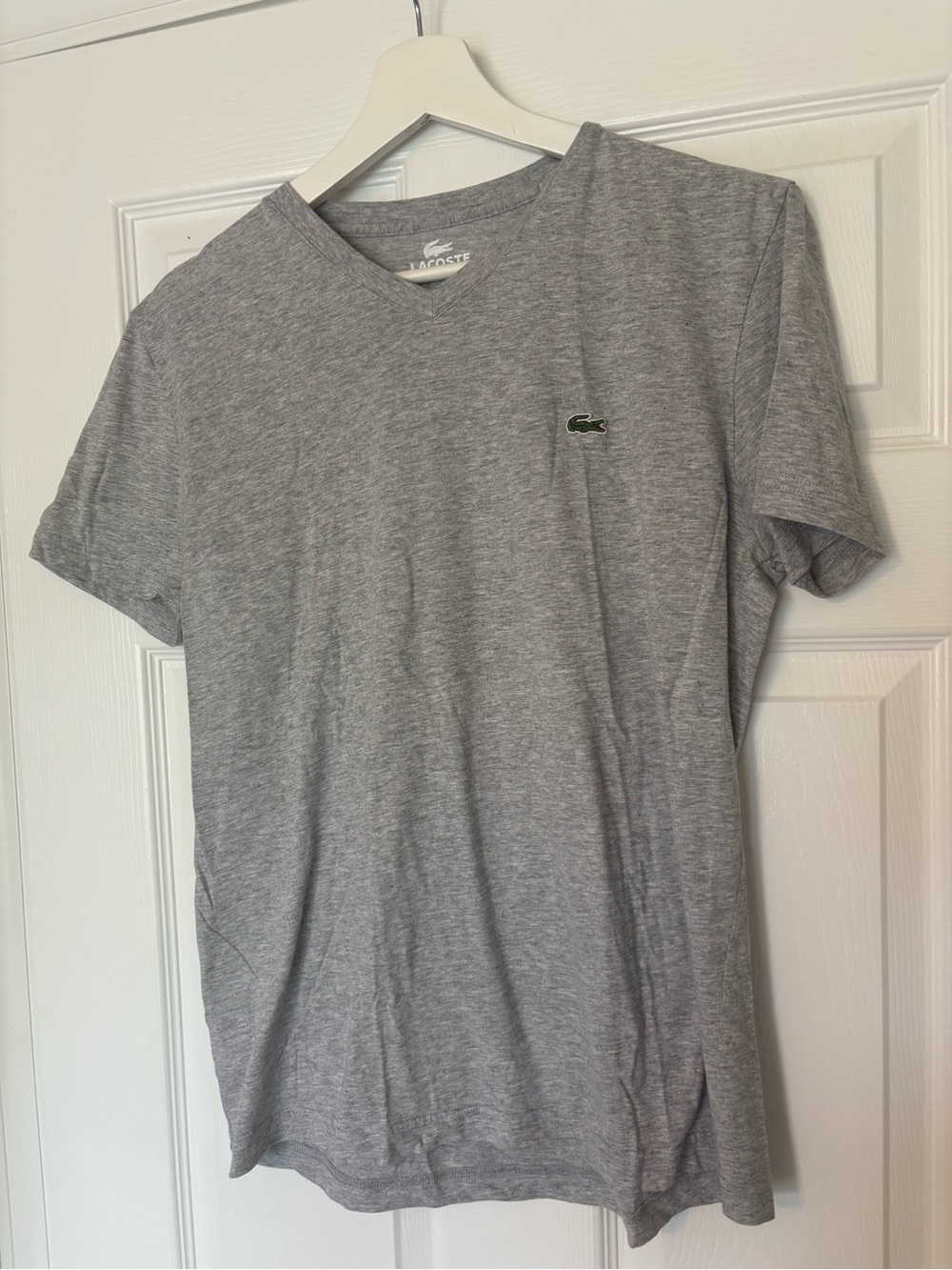 Lacoste Men's Heather Gray V-Neck Tee with Green Crocodile Logo